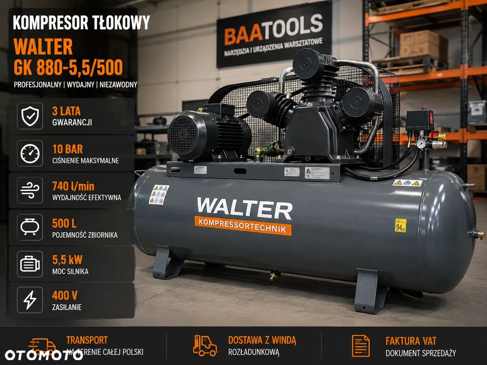 NOWY KOMPRESOR WALTER GK 880-5,5/500 500L | 740 l/min | 10 BAR | 3 LATA GWARANCJI - 3