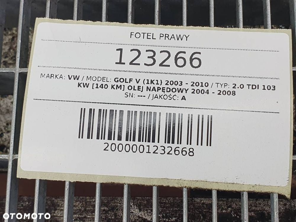 FOTEL PRAWY PRZÓD PASAŻERA GRZANY VW GOLF V 5D EUROPA - 10