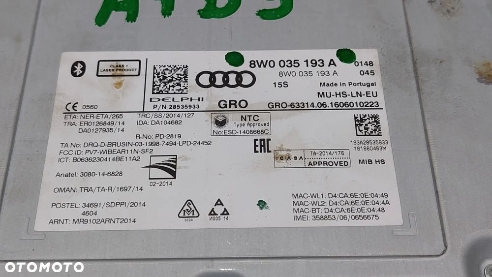 CZYTNIK KART DVD MMI BLUETOOTH AUDI A4 B9 R2016 NR 8W0035193A - 2