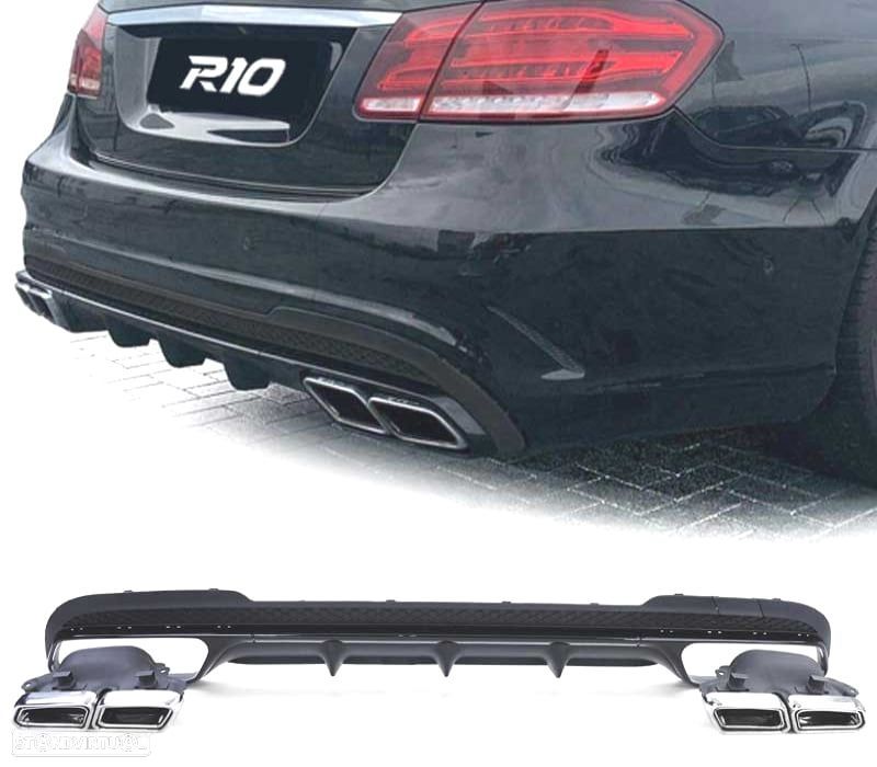 DIFUSOR MERCEDES CLASE E W212 SEDAN 13-16 LOOK AMG + PONTEIRAS DE ESCAPE CROMADAS - 1