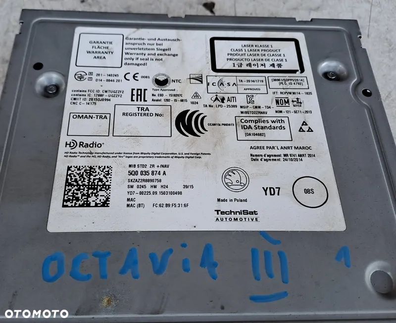 SKODA OCTAVIA III 15r CZYTNIK NAWIAGACJI 5Q0035874A - 2
