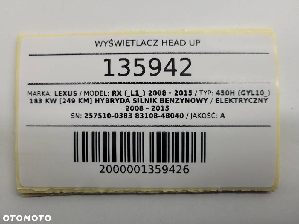 WYŚWIETLACZ HEAD UP LEXUS RX 450H 257510-0383 83108-48040 ORYGINAŁ - 9
