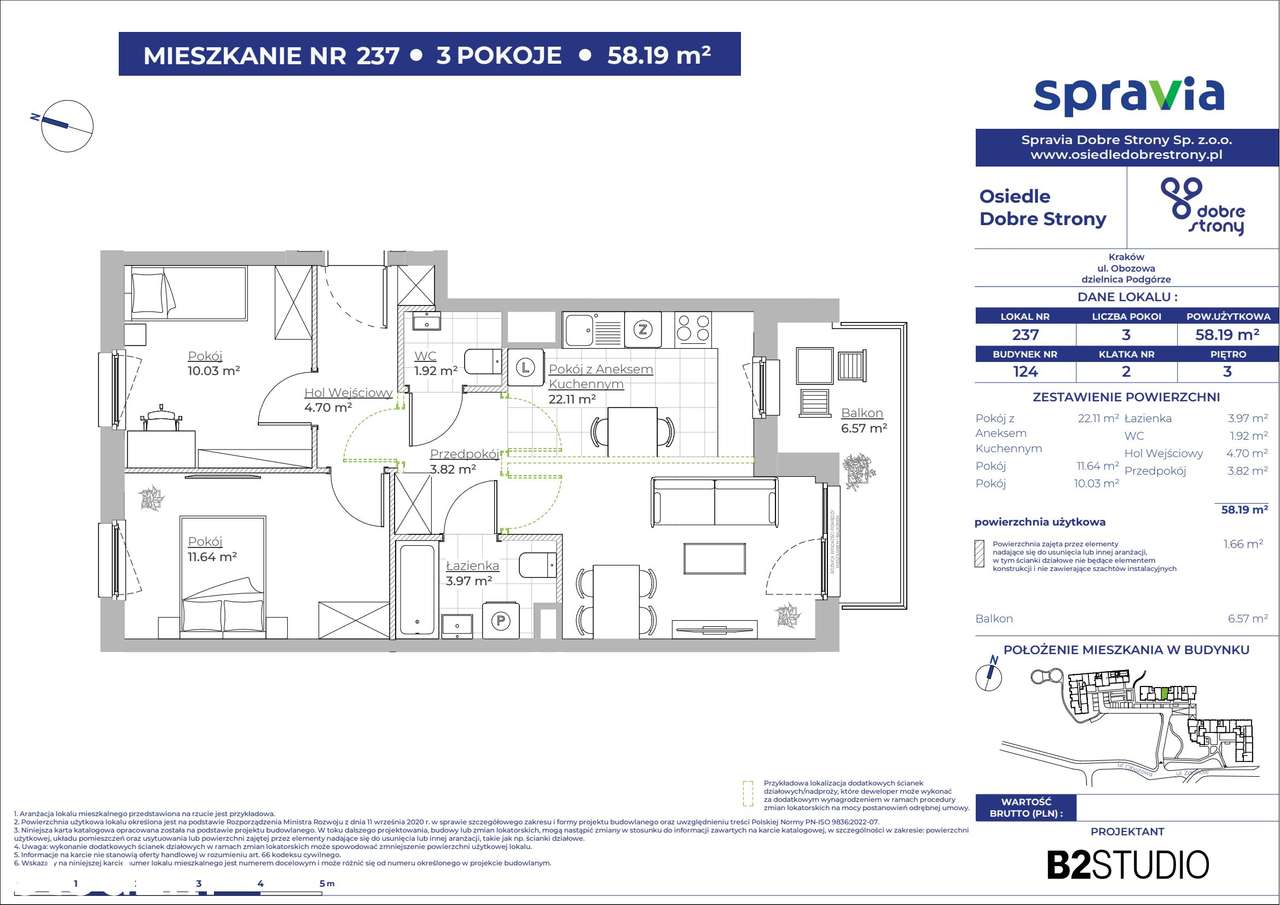 3-pokojowe mieszkanie 58m2 + balkon - Pełny obrazek: 2/7