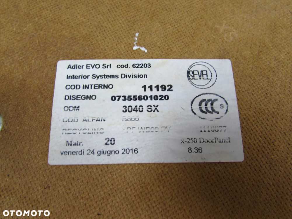 FIAT DUCATO BOXER JUMPER LIFT 14-20 BOCZEK TAPICERKA DRZWI LEWA PRZOD 07355601020 - 5