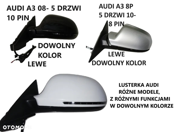 LUSTERKO AUDI A1 A2 A3 A4 A6 Q5 Q7 LEWE, PRAWE DOWOLNY KOLOR