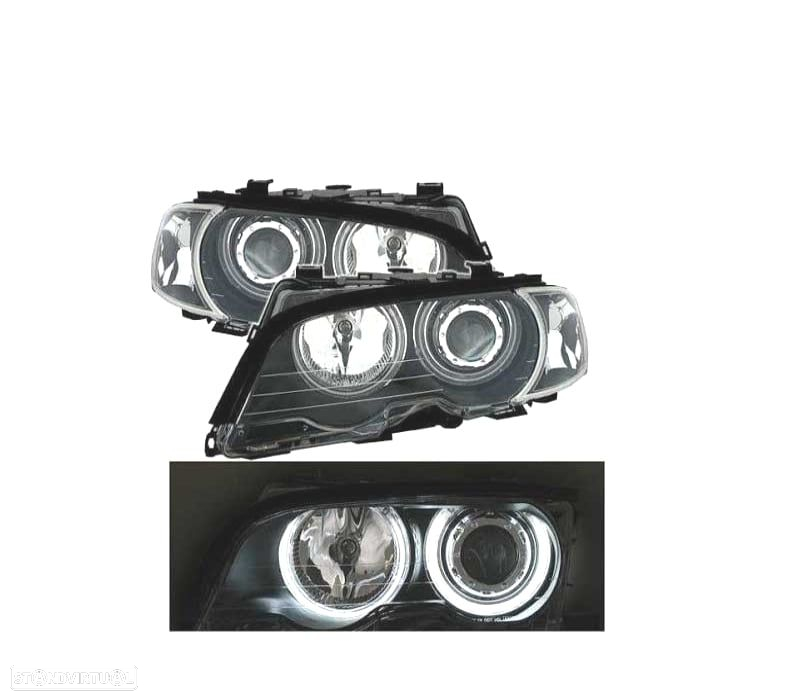 FARÓIS OPTICAS ANGEL EYES CCFL LED + PISCAS BMW E46 COUPE 99-03 FUNDO PRETO - 2