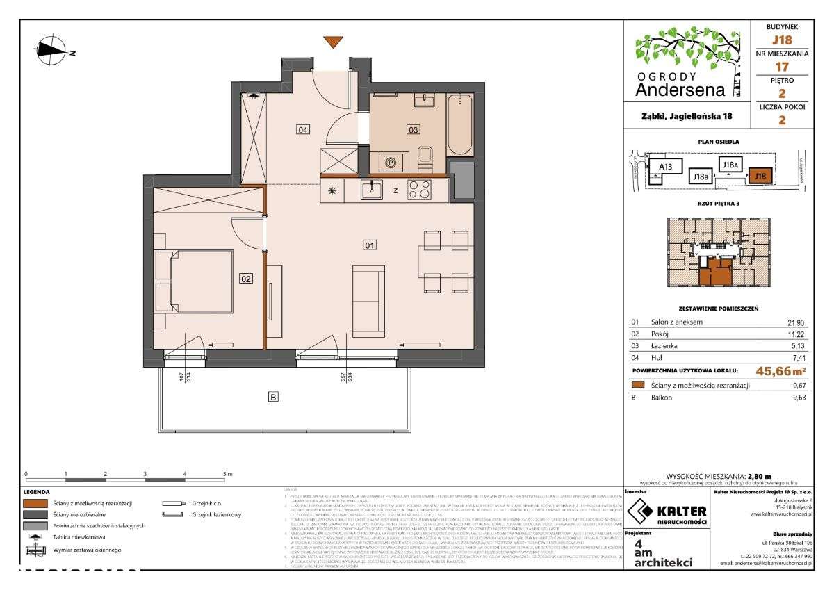 Mieszkanie J18-17- 45,66 m2 z balkonem 9,63 m2