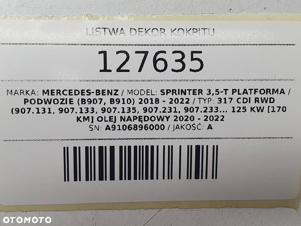 LISTWA DEKOR KOKPITU OSŁONA ZAŚLEPKA DESKI SPRINTER W907 W910 A9106896000 - 8