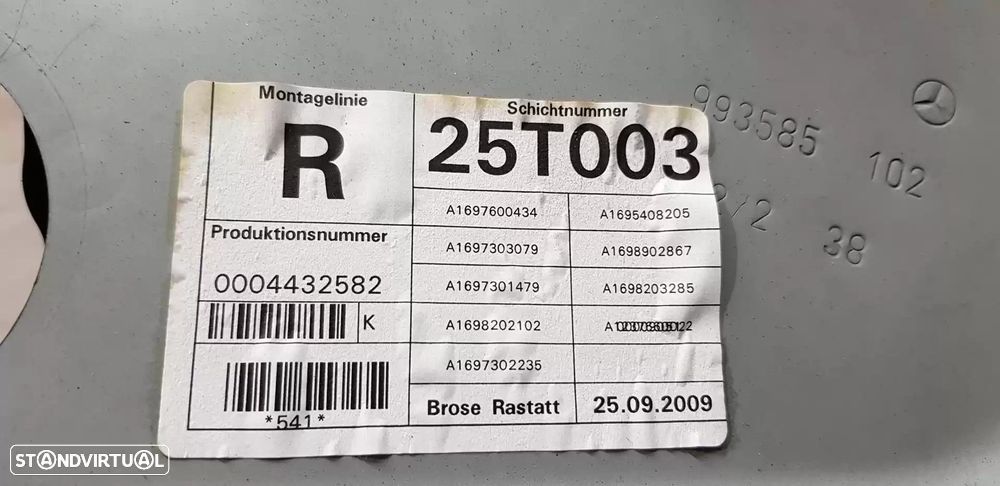 ELEVADOR DE VIDRO TRASEIRO DIREITO MERCEDES-BENZ CLASSE A 2009 -A1697301479 - 1