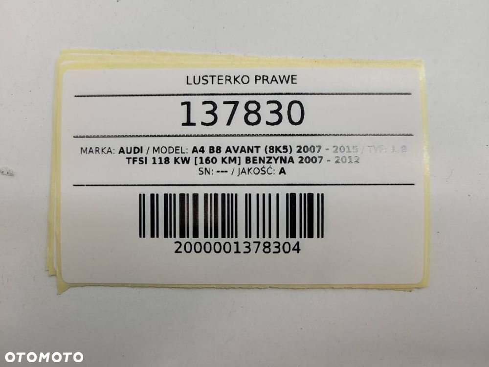 LUSTERKO PRAWE AUDI A4 B8 6 PIN EUROPA 2008 - 10