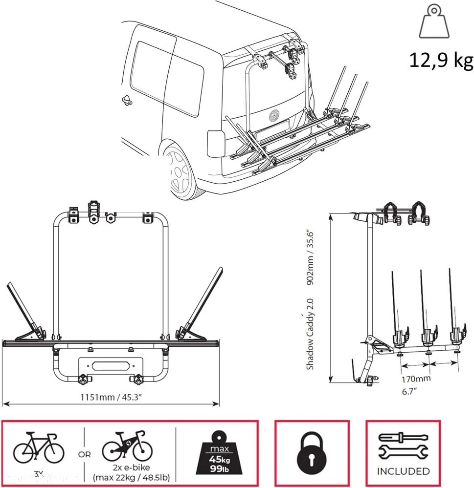VW CADDY V  Bagażnik rowerowy Menabo SHADOW 2.0 - NA KLAPĘ NA 3 ROWERY DO VW CADDY V 2020- - 2
