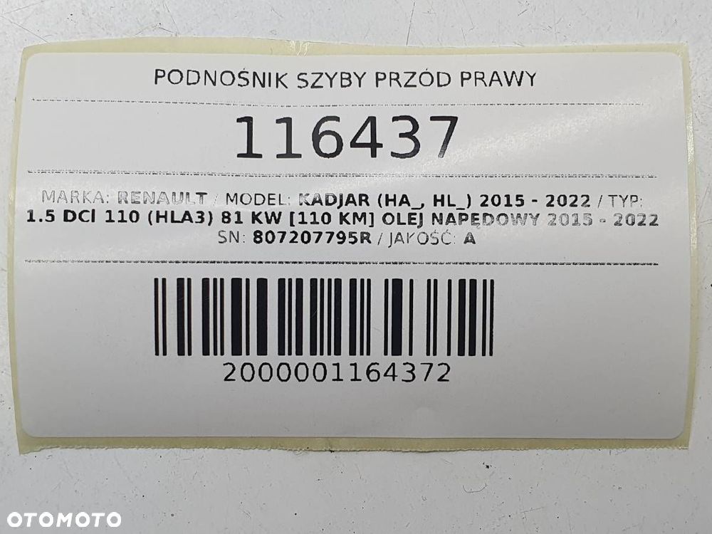 PODNOŚNIK SZYBY PRZÓD PRZEDNI PRAWY RENAULT KADJAR 807207795R - 5