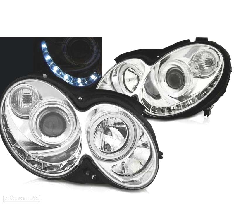 FARÓIS MERCEDES CLASSE CLK W209 02-09 LUZ DIURNA FUNDO CROMADO - 1