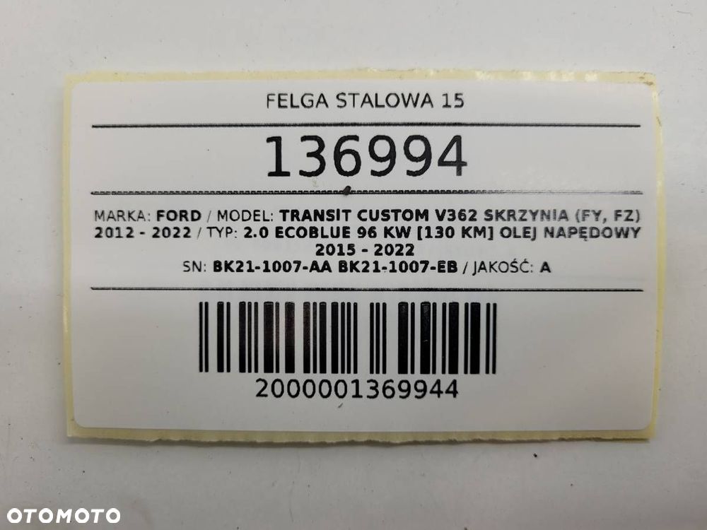 FELGA STALOWA 15 FORD TRANSIT CUSTOM  6,5JX15 5X160 ET60 - 8