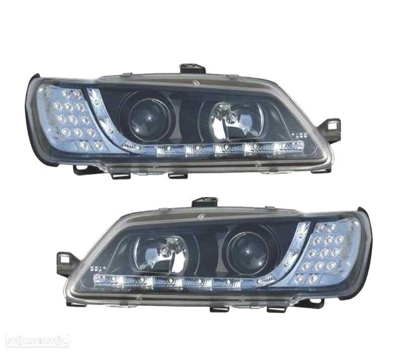 FARÓIS COM LUZ DIURNA LED PEUGEOT 306 97-00 FUNDO PRETO - 1
