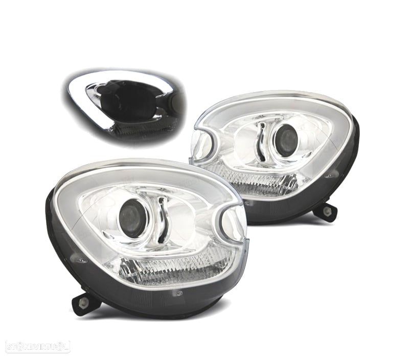 FARÓIS FRONTAIS PARA MINI R60 COUNTRYMAN 10-15 TUBE LIGHT FUNDO CROMADO - 1