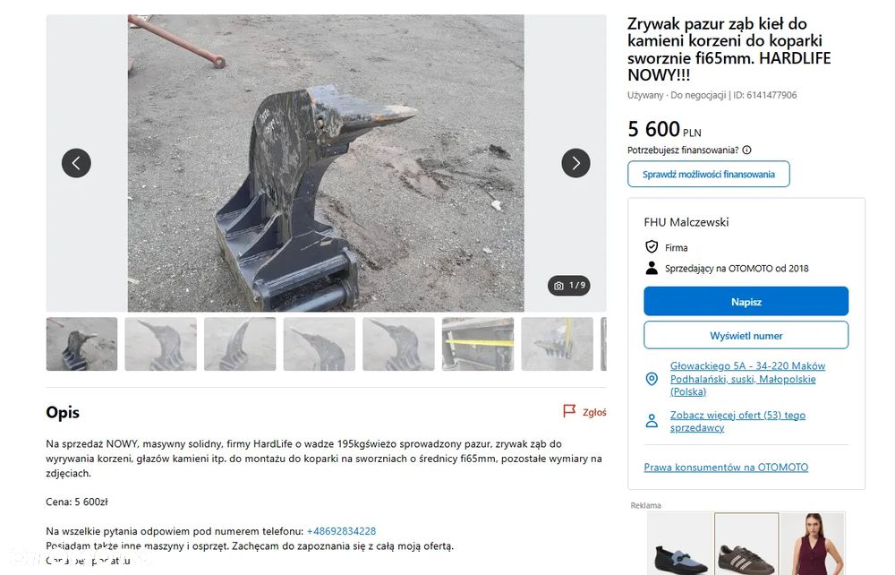 Zrywak pazur ząb kieł do kamieni korzeni do koparki sworznie fi90mm. NOWY!!! - 2