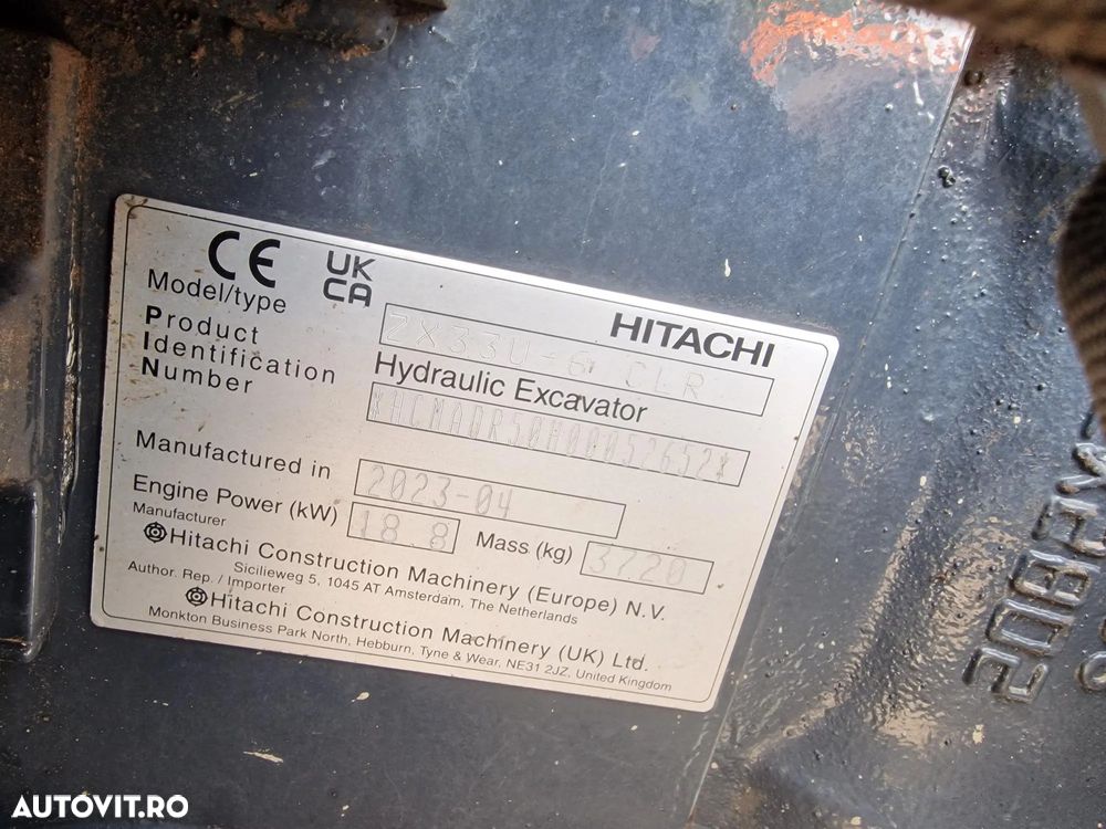 Hitachi ZX33U-6, Masa Operationala 3,7t, 2023, 1.305h, CUPLA RAPIDA HIDRAULICA+3 CUPE NOI, SistemAntifurt, Inst picon, senile 80% bune, Aer conditionat, Adancime sapare 5m, Ridica 2,8tone, Motor 25CP, posibilitate leasing 4 ani, CA NOU-PROMOTIE 36900 EUR+Tva - 35
