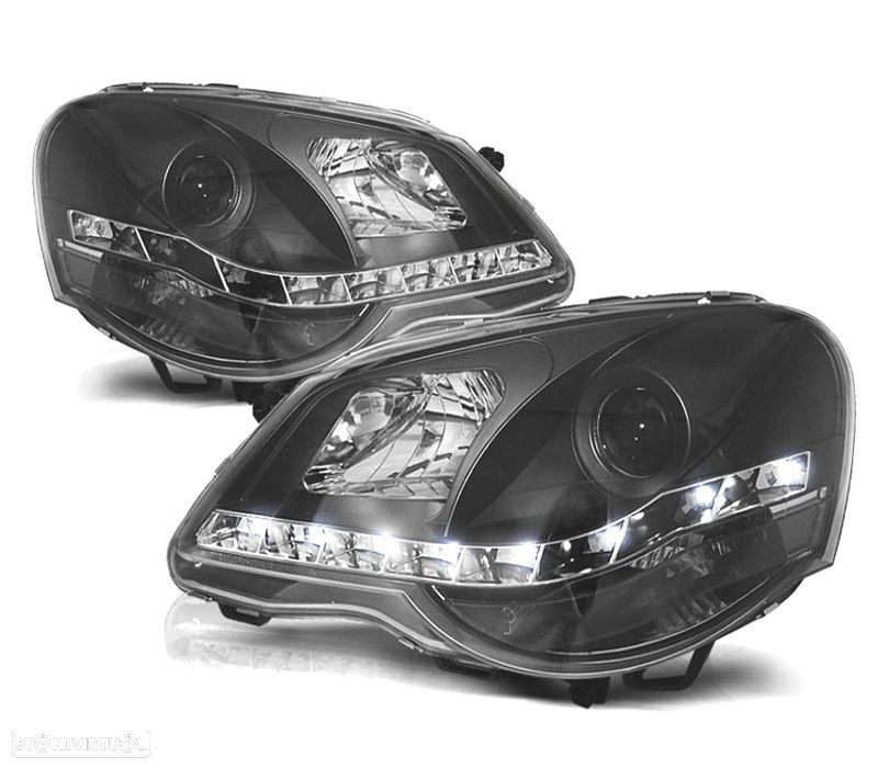 FARÓIS FRONTAIS COM LUZ DIURNA LED PARA VOLKSWAGEN VW POLO 9N3,05-09 FUNDO PRETO - 1