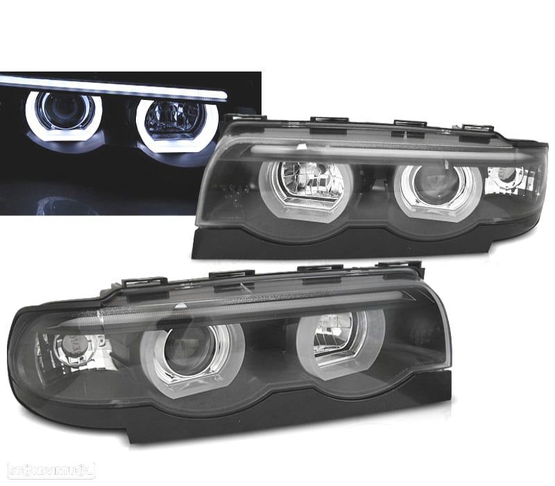 CONJUNTO DE FARÓIS PARA BMW E38 94-01 ANGEL EYES 3D LED COM LUZ DIURNA - 1