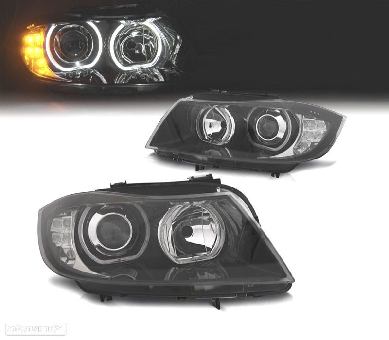 FARÓIS BMW E90 E91 08-11 ANGEL EYES PISCA EM LED FUNDO PRETO - 1