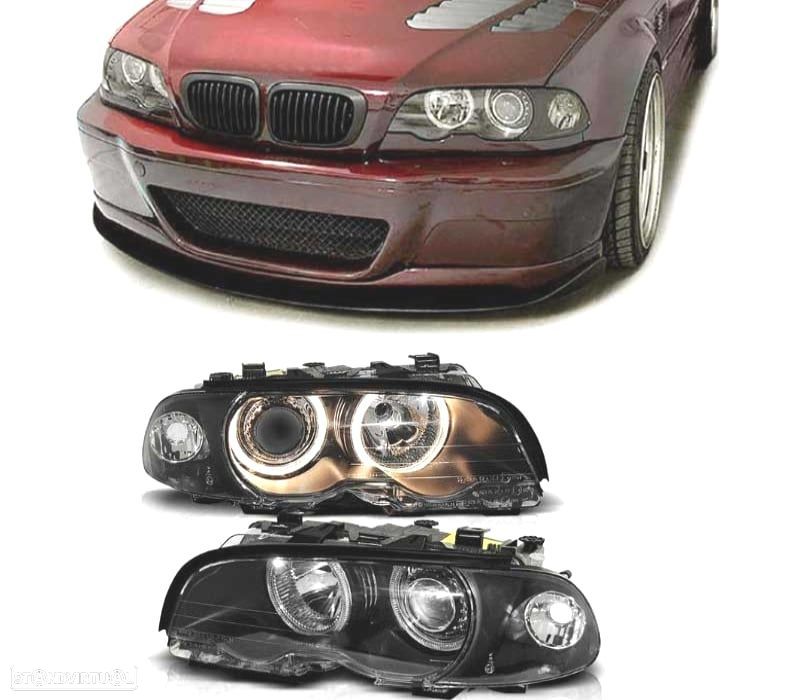 FARÓIS FRENTE ANGEL EYES BMW E46 COUPE CABRIO 99-03 FUNDO PRETO - 1
