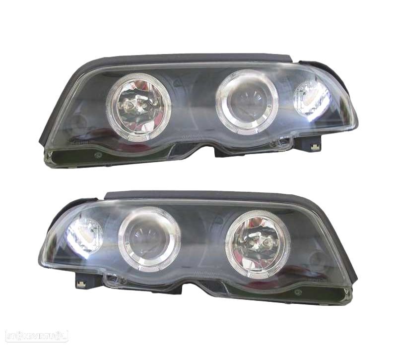 FARÓIS FRONTAIS BMW E46 4P 98-01 ANGEL EYES FUNDO PRETO - 1
