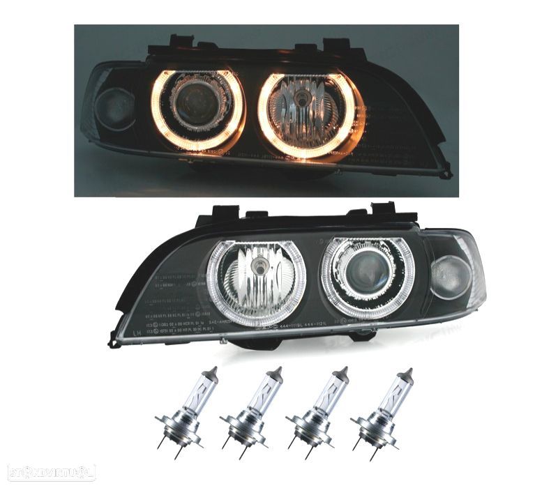 FARÓIS BMW E39 95-00 ANGEL EYES FUNDO PRETO - 1