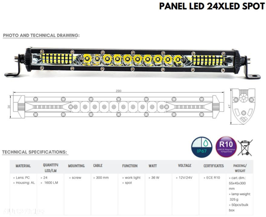 Led Bar Slim, 36w, 28cm - 2