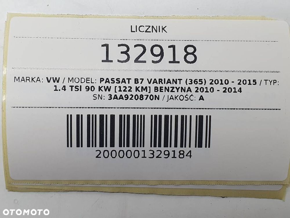 LICZNIK ZEGARY VW PASSAT B7 1.4 TSI 122KM 3AA920870N EUROPA - 8