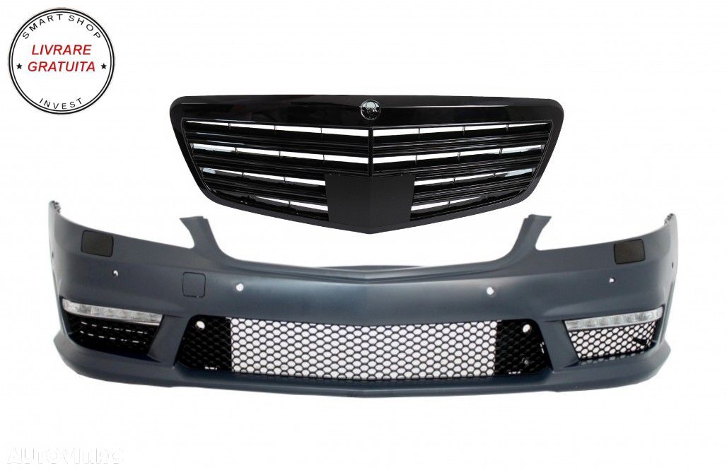 Bara Fata Mercedes S-Class W221 (2005-2012) S63 S65 Design cu Grila Centrala Negru- livrare gratuita - 1