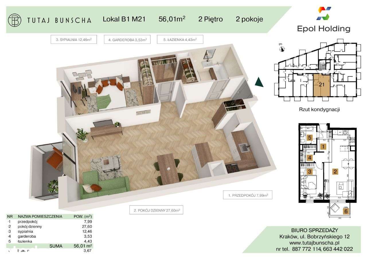 2-pokojowe mieszkanie 56 m2 + balkon 3,50 m2, Bezpośrednio