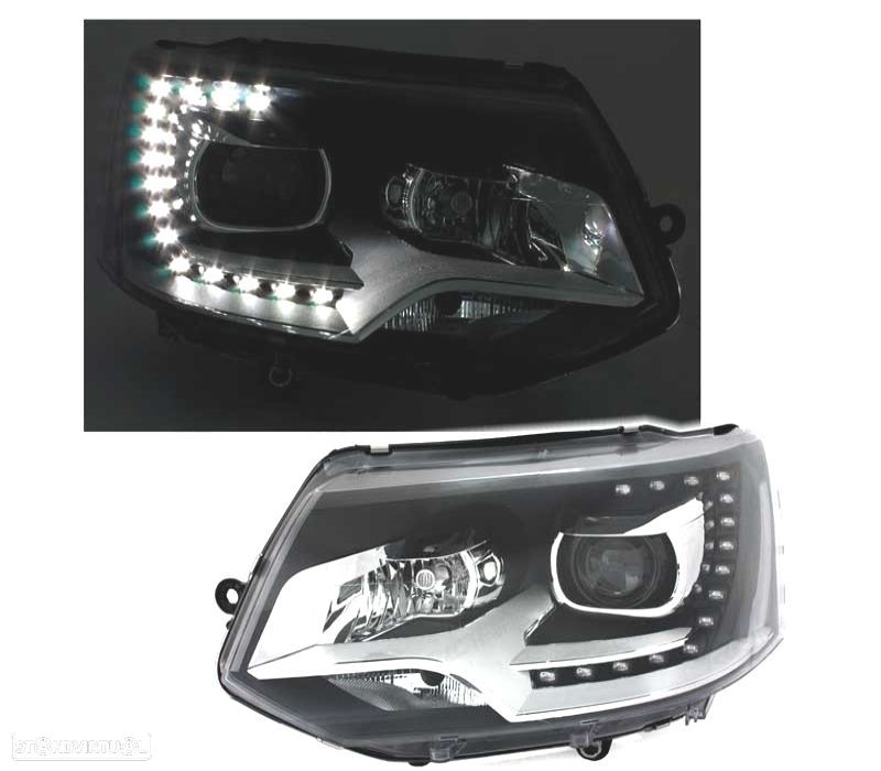 FAROIS FRONTAIS VOLKSWAGEN VW TRANSPORTER T5 10-15 LUZ DIURNA FUNDO PRETO TIPO XENON - 1