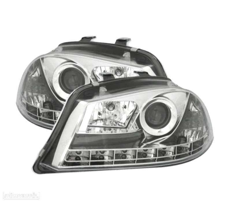 FARÓIS FRONTAIS LUZ DIURNA LED PARA SEAT IBIZA E CORDOBA 6L 02-05 FUNDO CROMADO - 1