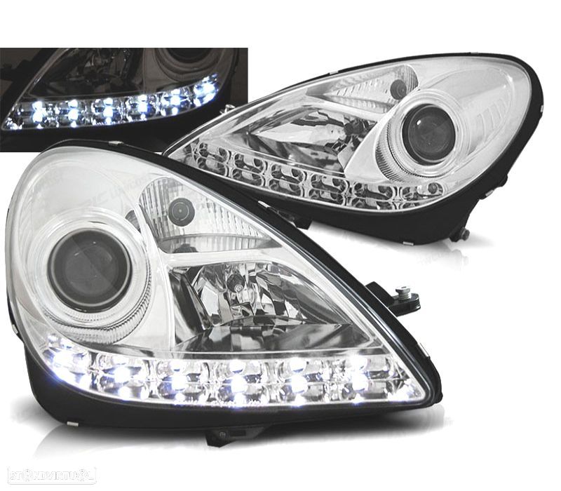FARÓIS MERCEDES CLASSE SLK R171 04-11 LUZ DIURNA LED FUNDO CROMADO - 1