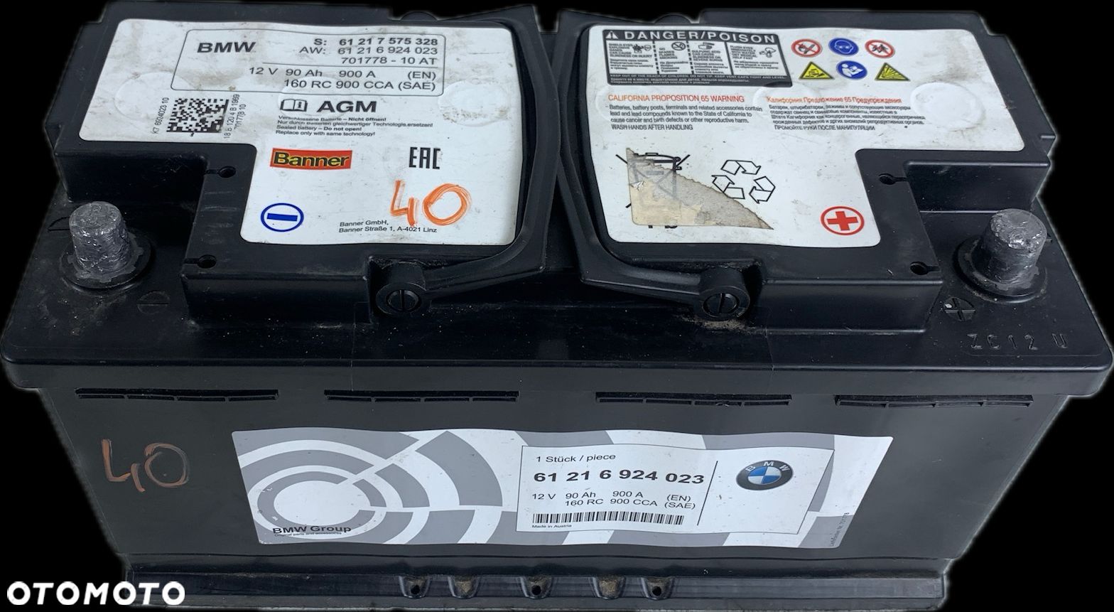 40 BMW AKUMULATOR AGM BMW 90AH 900A 2018 ROK 6924023 7575328 - 1