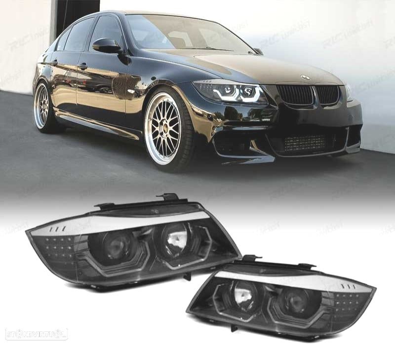 FARÓIS BMW E90 E91 05-08 OLHOS DE ANJO 3D FUNDO PRETO PISCA LED - 1