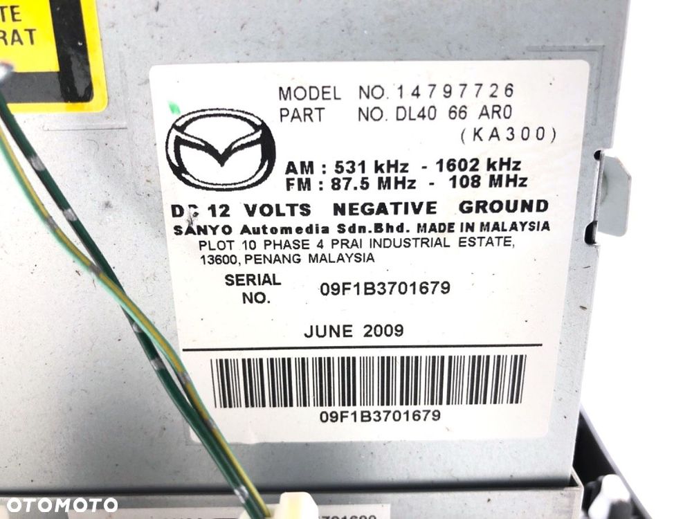 RADIO  MAZDA 2 (DE_, DH_) 2007 - 2015 1.3 (DE3FS) 63 kW [86 KM] benzyna 2007 - 2015 14797726 - 5