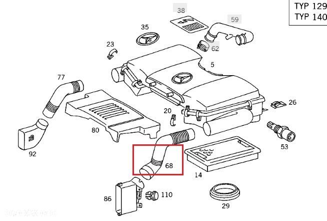 MERCEDES BENZYNA M119 W140 R129 Rura przewod powietrza silnika lewy OE - 2
