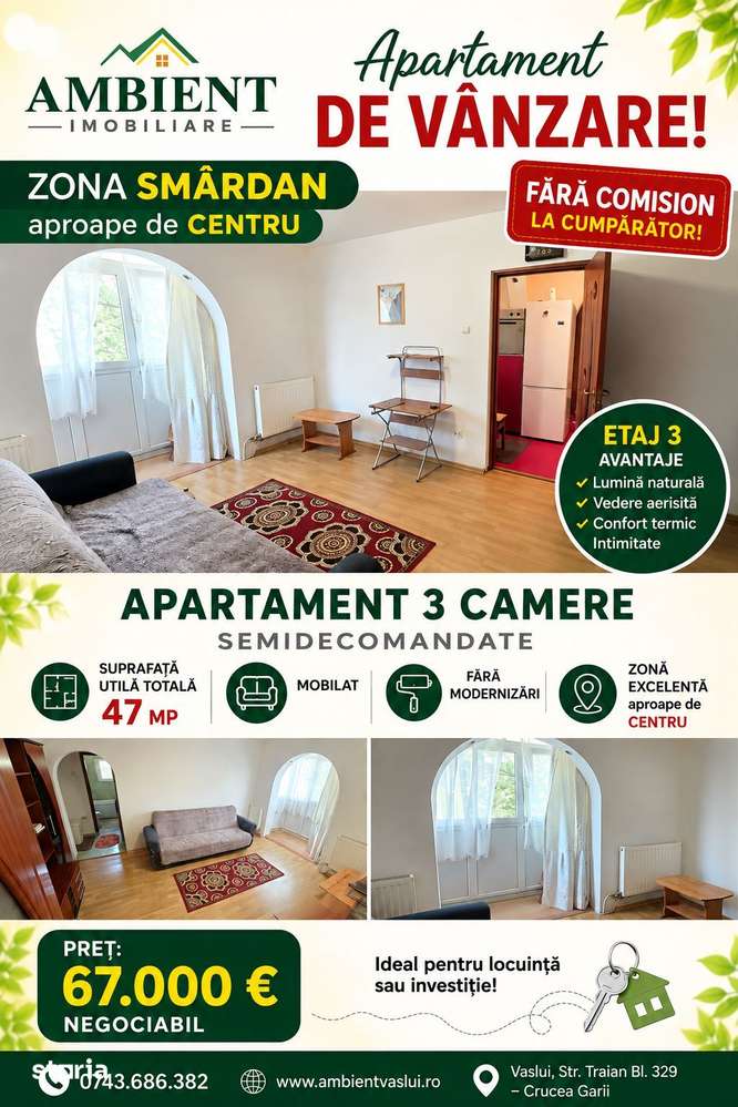 Apartament cu 3 camere, etaj 3, mobilat și utilat, VASLUI - zona SMÂRD — fotografia 1