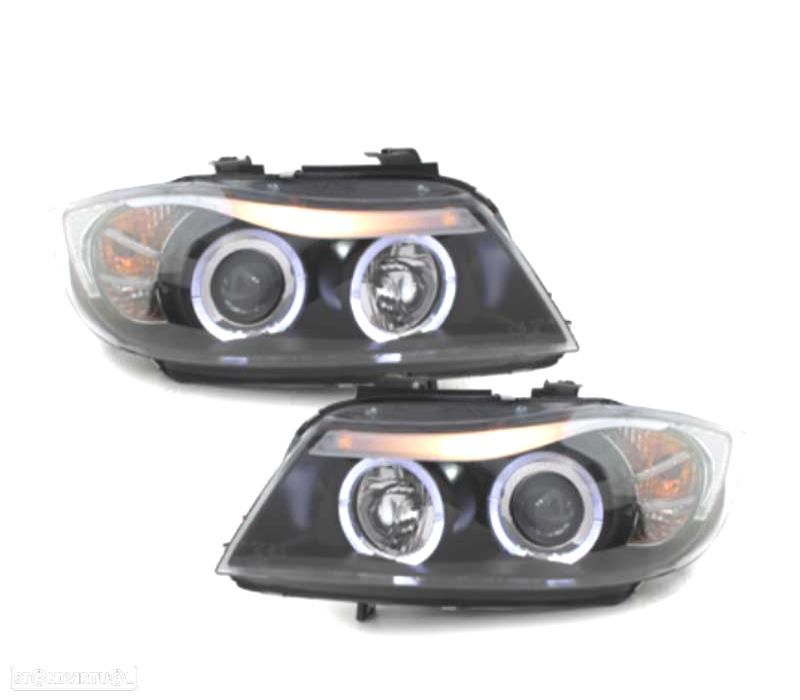 FARÓIS BMW E90 E91 05-08 ANGEL EYES FUNDO PRETO - 1