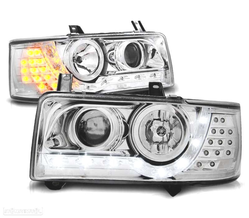 FARÓIS COM LUZ DIURNA + PISCAS LED VOLKSWAGEN VW T4 90-03 FUNDO CROMADO - 1