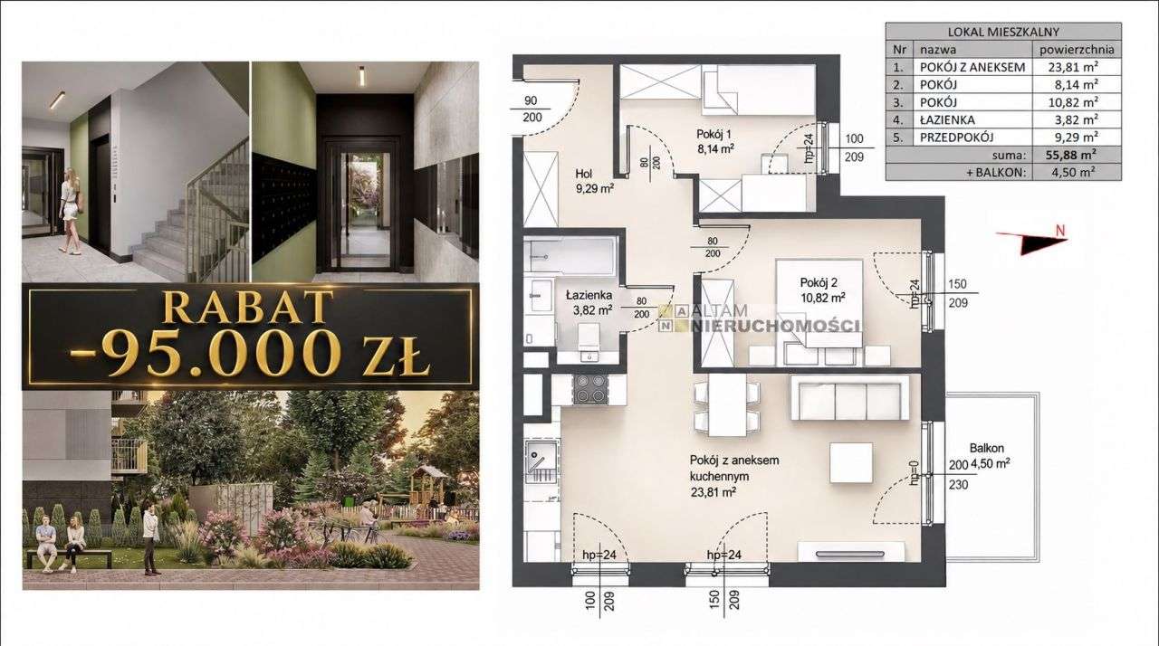 Rabat 95tys.! 3pok. 55,88m² Balkon! Mp 20tys.!