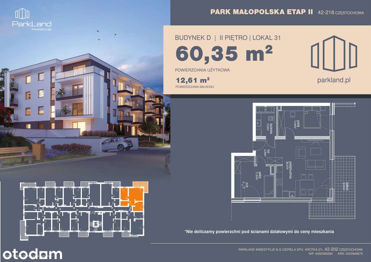 Mieszkanie z dużym balkonem | Parkitka | 1 piętro | 60,35 m²