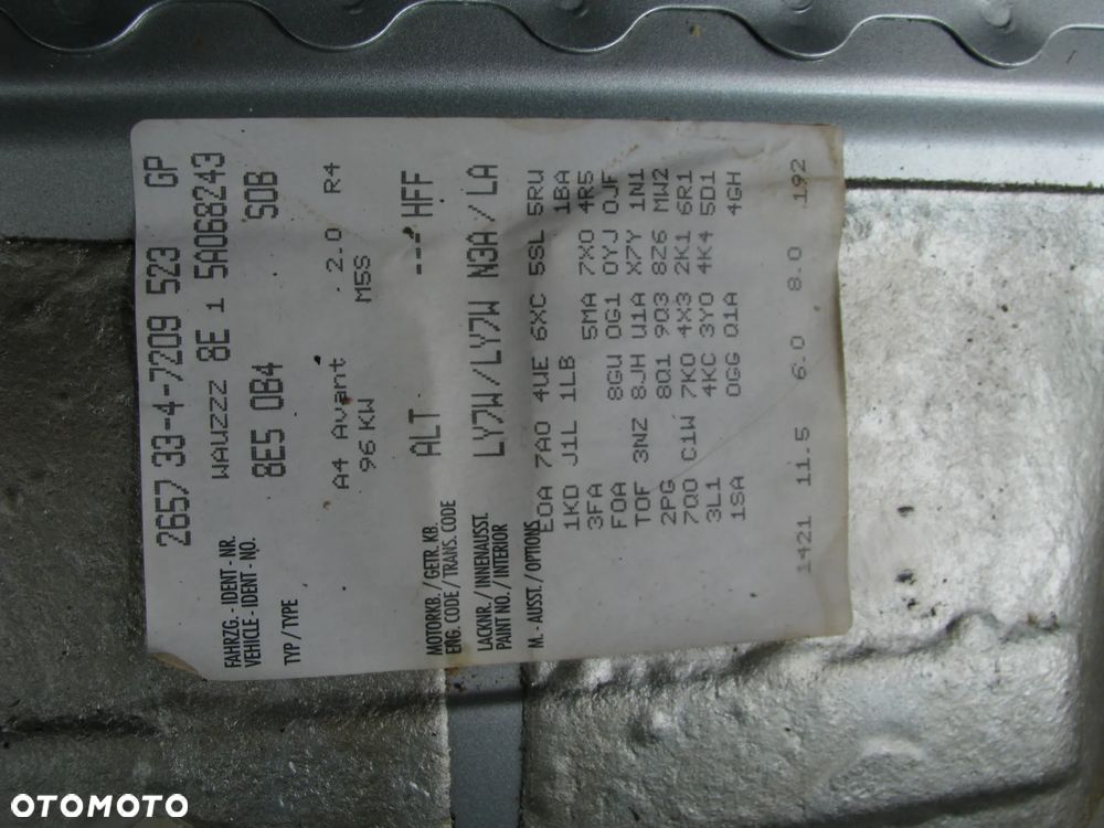 AUDI A4 B6 2.0B ALT KOD SKRZYNI HFF  KOD LAKIERU LY7W DRZWI KLAPA LAMPY ZDERZAK SILNIK CZĘŚCI - 8