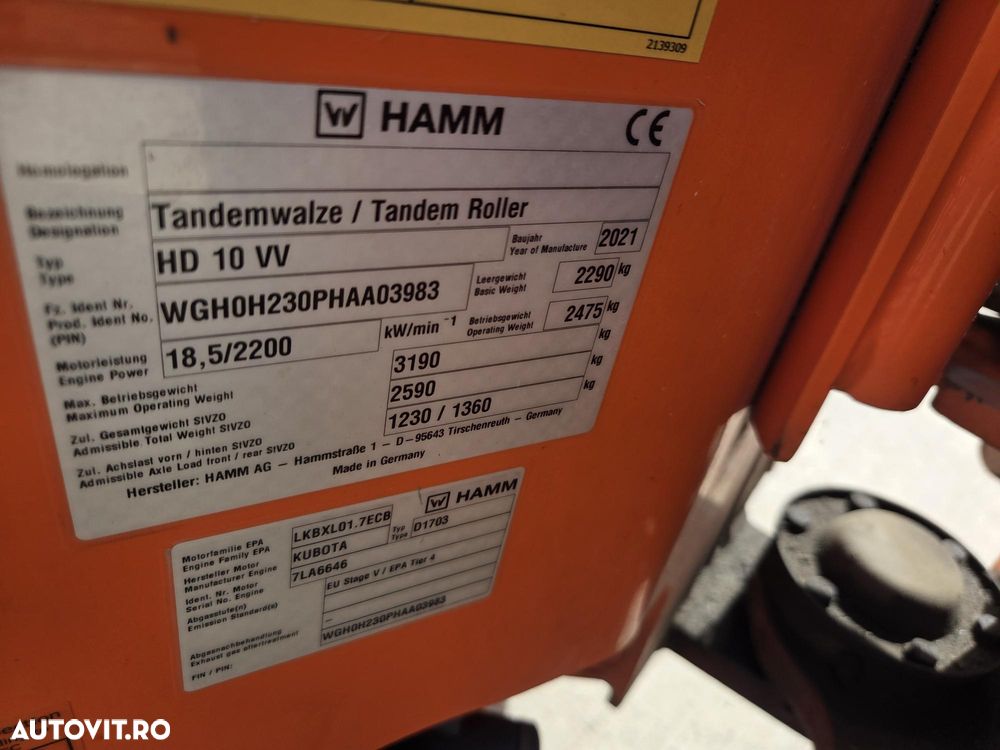 Hamm HAMM HD10, 2021, 477h, 2,5 tone, latime tambur 1m, motor KUBOTA 25CP, produs in Germania, lungime 2,5m, viteza 10km/h, intoarce in 2,5m, CA NOU, posibilitate leasing 4 ani -PROMOTIE 19.900 EUR+Tva - 11