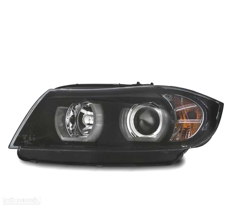 FARÓIS BMW E90 E91 05-08 XENON ANGEL EYES U LED 3D NEGRO - 3