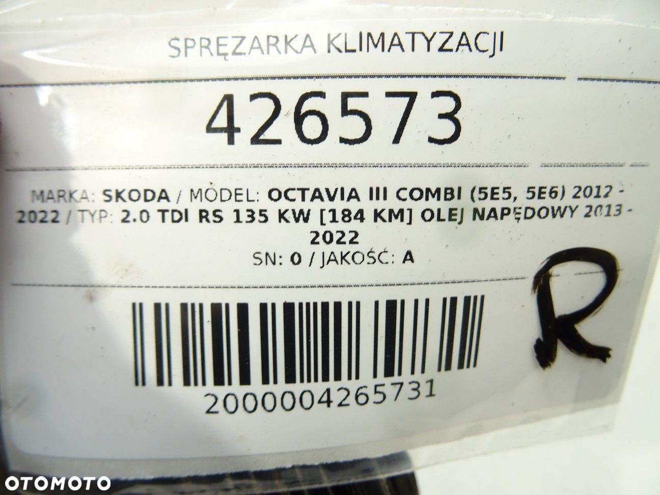 SPRĘŻARKA KLIMATYZACJI - 434.00 PLN - SKODA OCTAVIA III Combi (5E5, 5E6) 2012 - 2022 2.0 TDI RS - 5