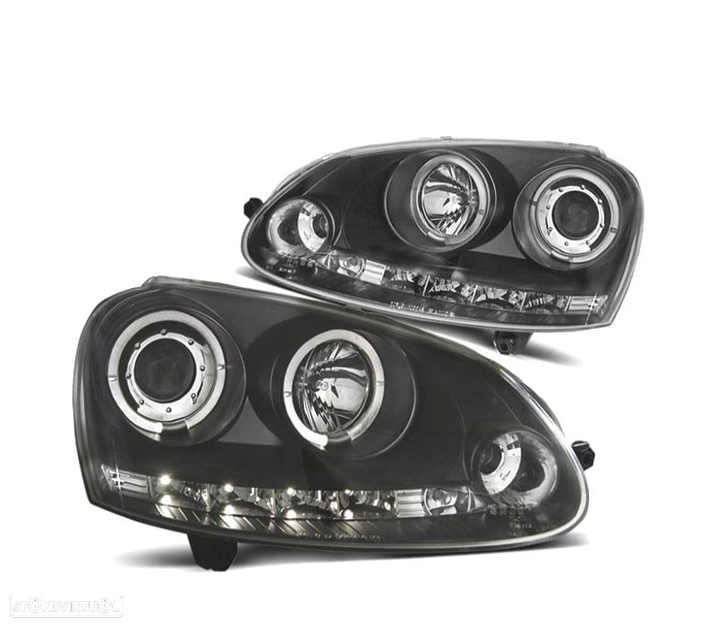 FARÓIS VOLKSWAGEN VW GOLF 5 03-08 JETTA 05-10 OLHOS DE ANJO LUZ DIURNA LED + CCFL FUNDO NEGRO - 1