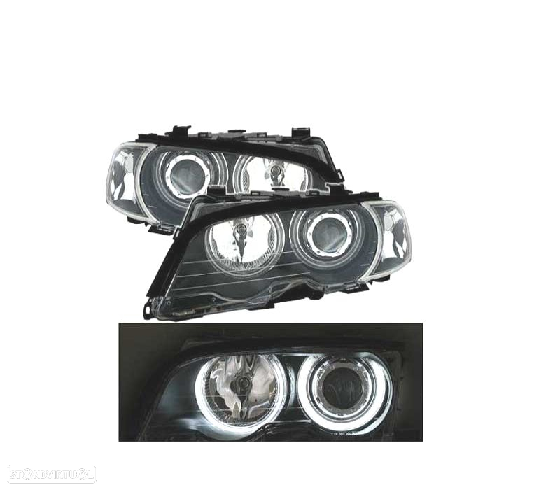 FARÓIS OPTICAS ANGEL EYES CCFL LED + PISCAS BMW E46 COUPE 99-03 FUNDO PRETO - 2